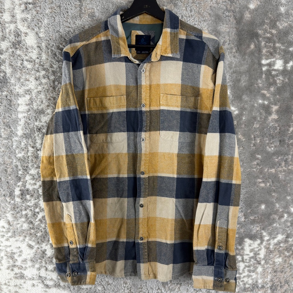 Prana Size L Organic Cotton Plaid Flannel Button Down Shirt Multicolor Long Mens